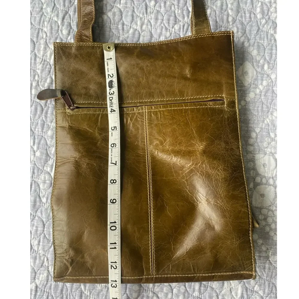 Crab Compass Vintage Barganza Lined Leather Tote Bag Pockets Brown 13